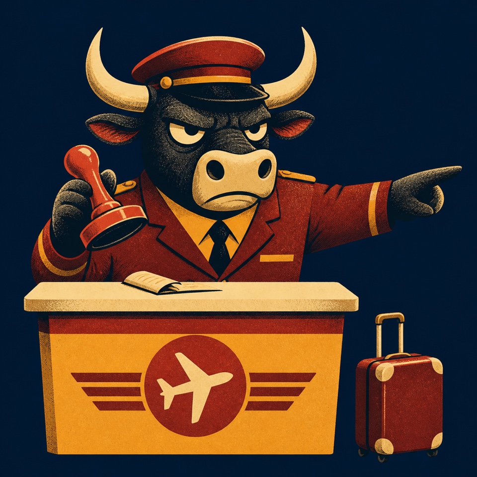 A stern cartoon bull at an airport desk points an uninvited visitor toward the exit